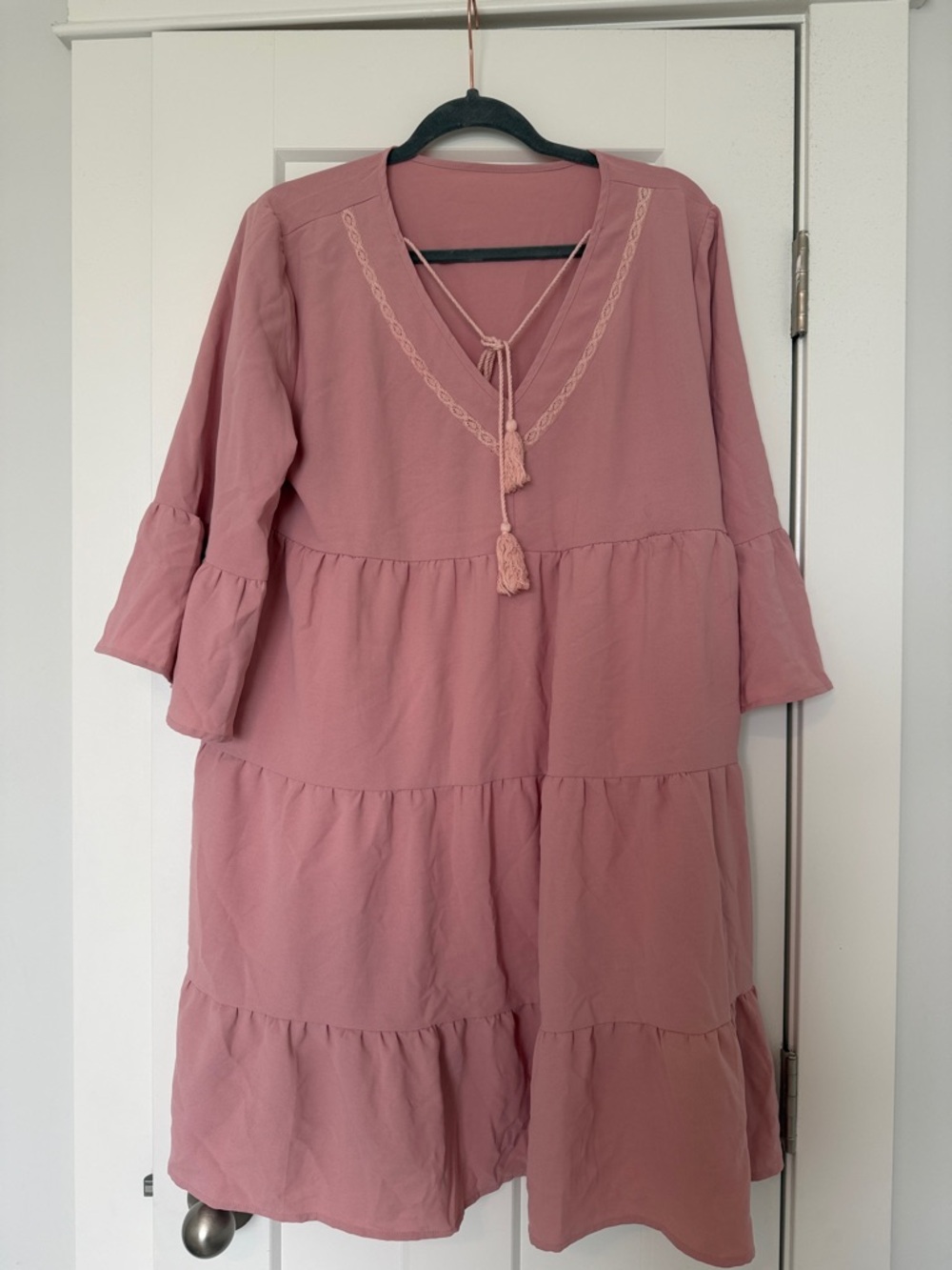 Boho Tiered V-Neck Midi Dress with Tassel Tie in Dusty Rose